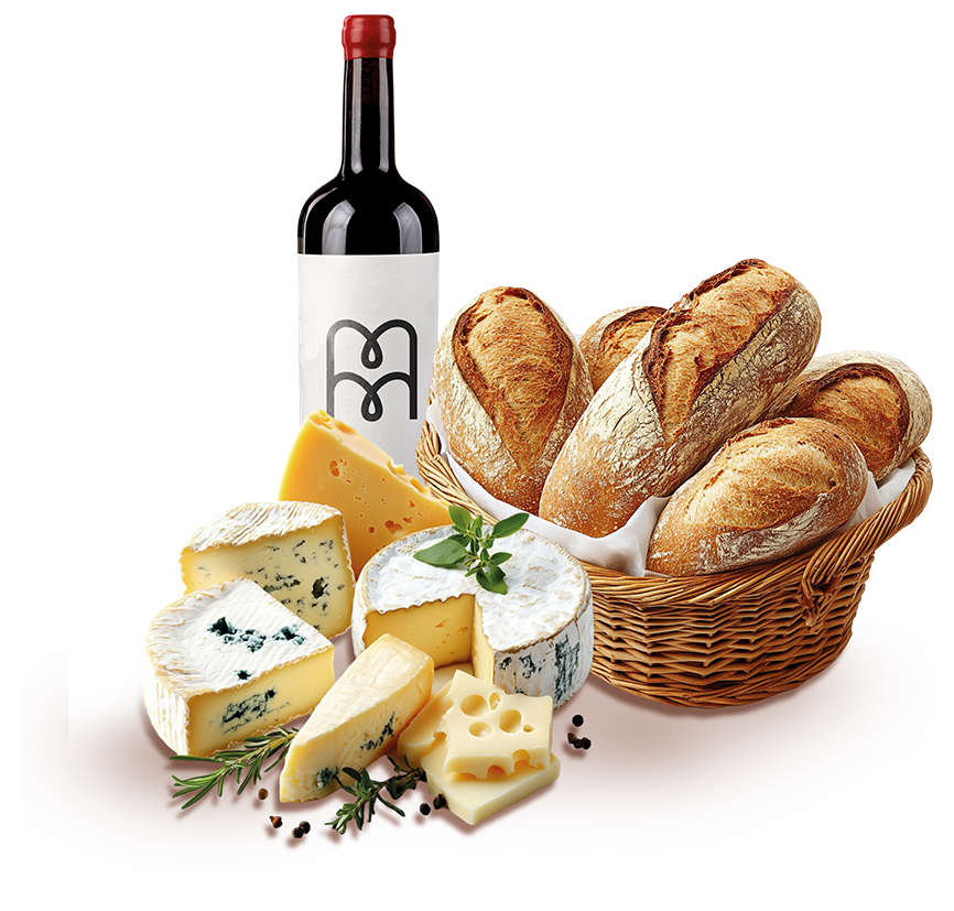 vinho com pães e queijo